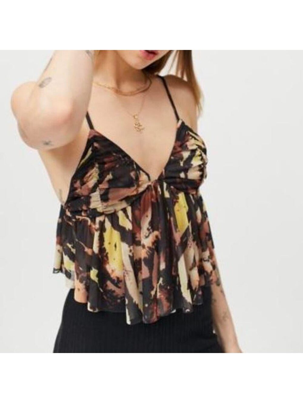 Urban Outfitters Ruffle Mesh Cropped Camo Swing Top Babydoll Abstract Going Out